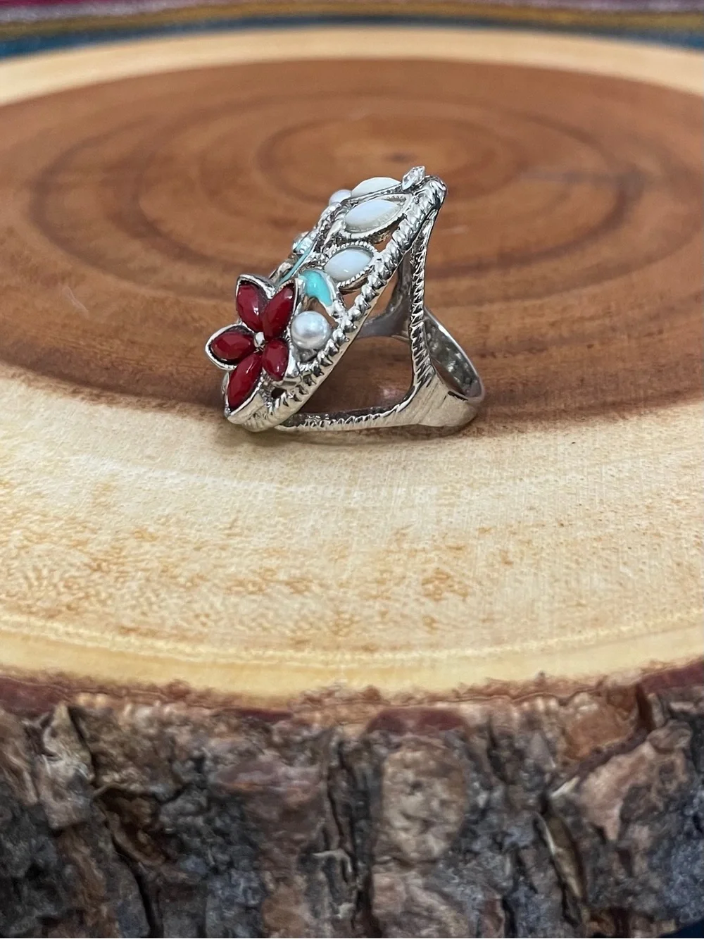 Vintage Floral Multicolor Enamel Pear Shaped Statement Ring Turquoise Red White